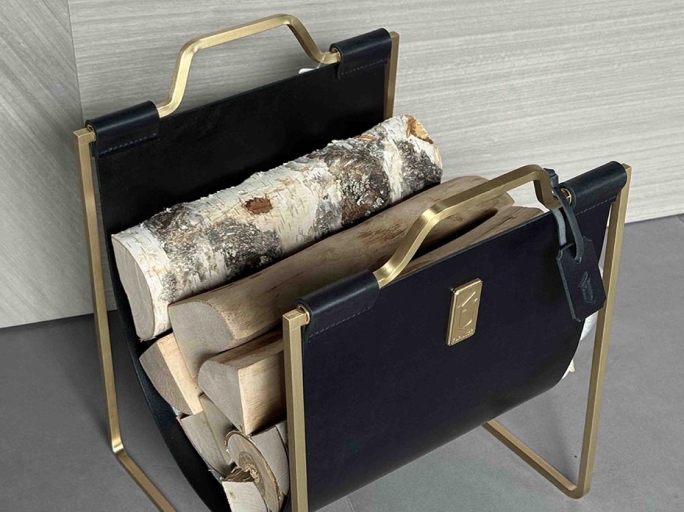 Дровница с кожаной вставкой FG-12049 матовая латунь